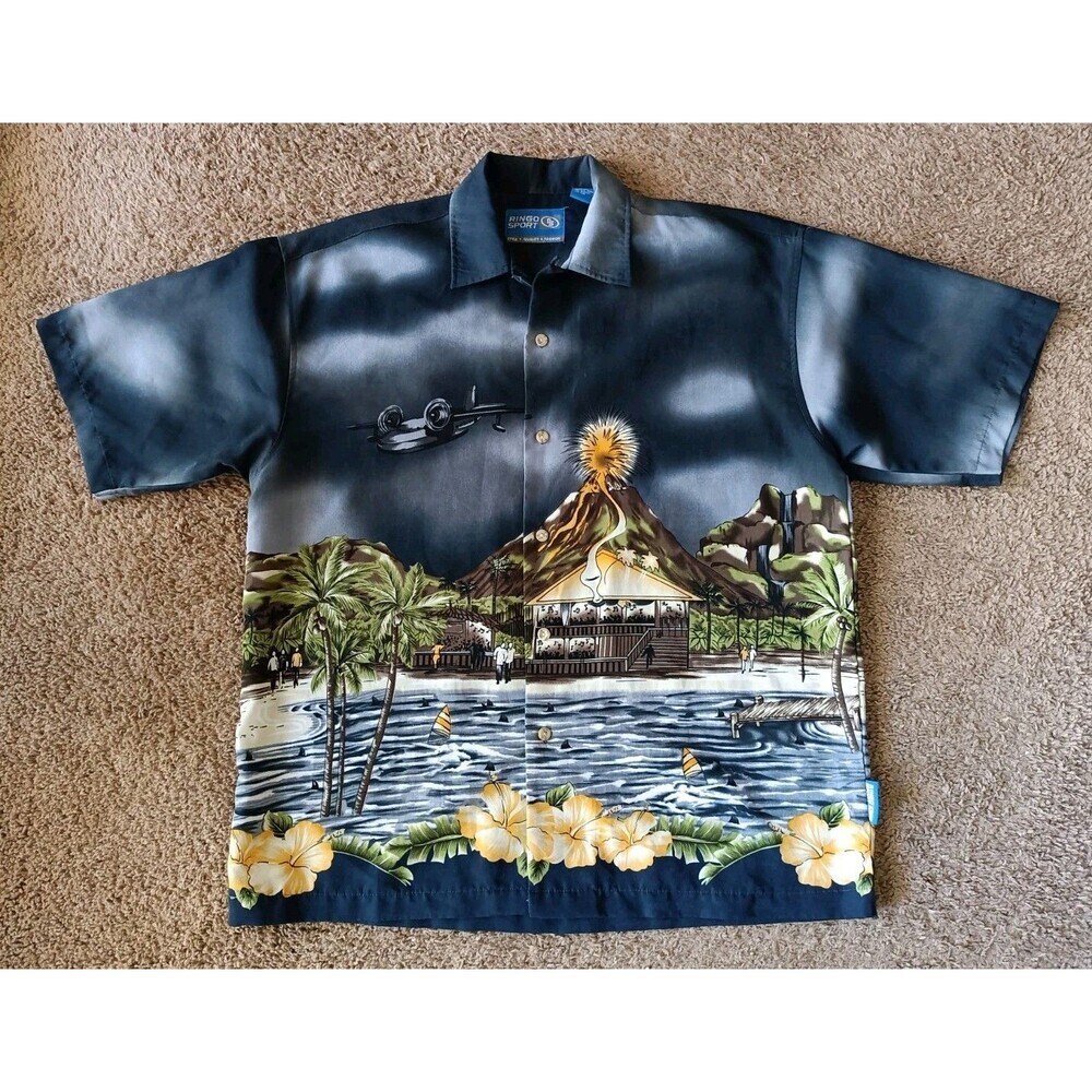 Ringo Sport Hawaiian Floral Print Button Up Men's Large Short Sleeve 90s